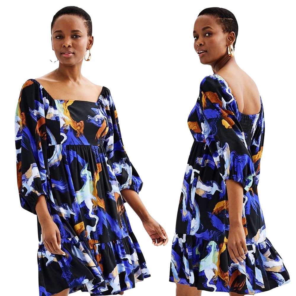 Nine West 3/4 Sleeve Squareneck Babydoll Dress Blue/Black Marble Print Size M